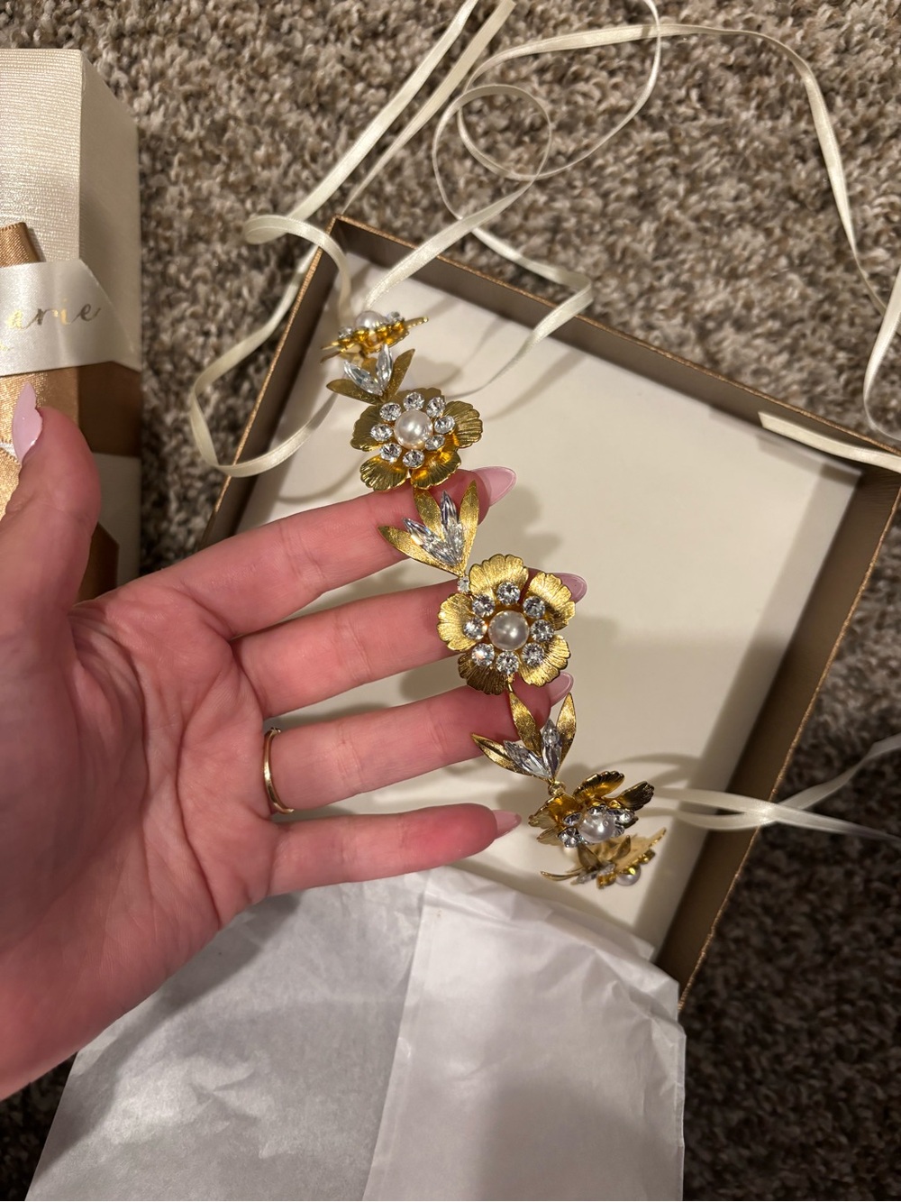 Gold Floral Pearl Vine Headband - Women Jewelry
